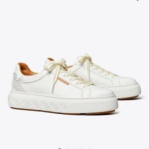 Tory Burch White Leather Platform Sneakers with Tan Accents